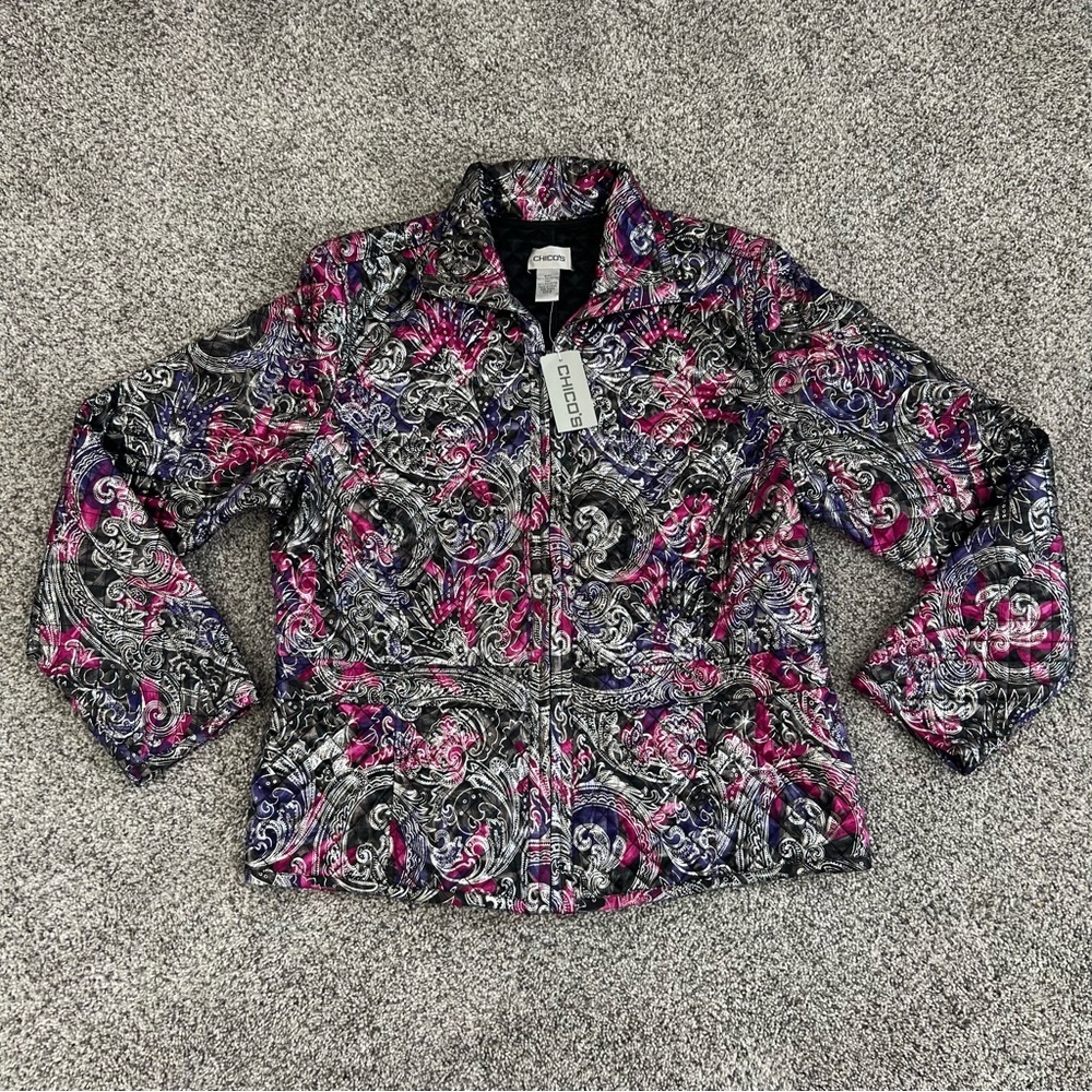 NWT Chico’s Paisley Print Quilted Multicolor Reversible Jacket Women’s Size L